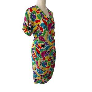 Silk Studio for Petites Wrap Dress Size 12 Multicolored Print Vintage 1990s Y2K